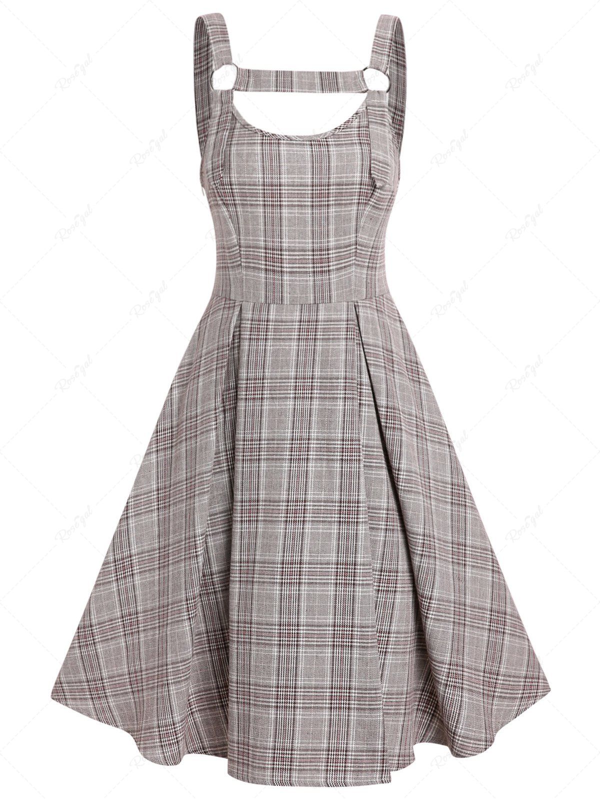 New Cut Out Lace Up Pleated A Line Midi Plaid Vintage Dress  