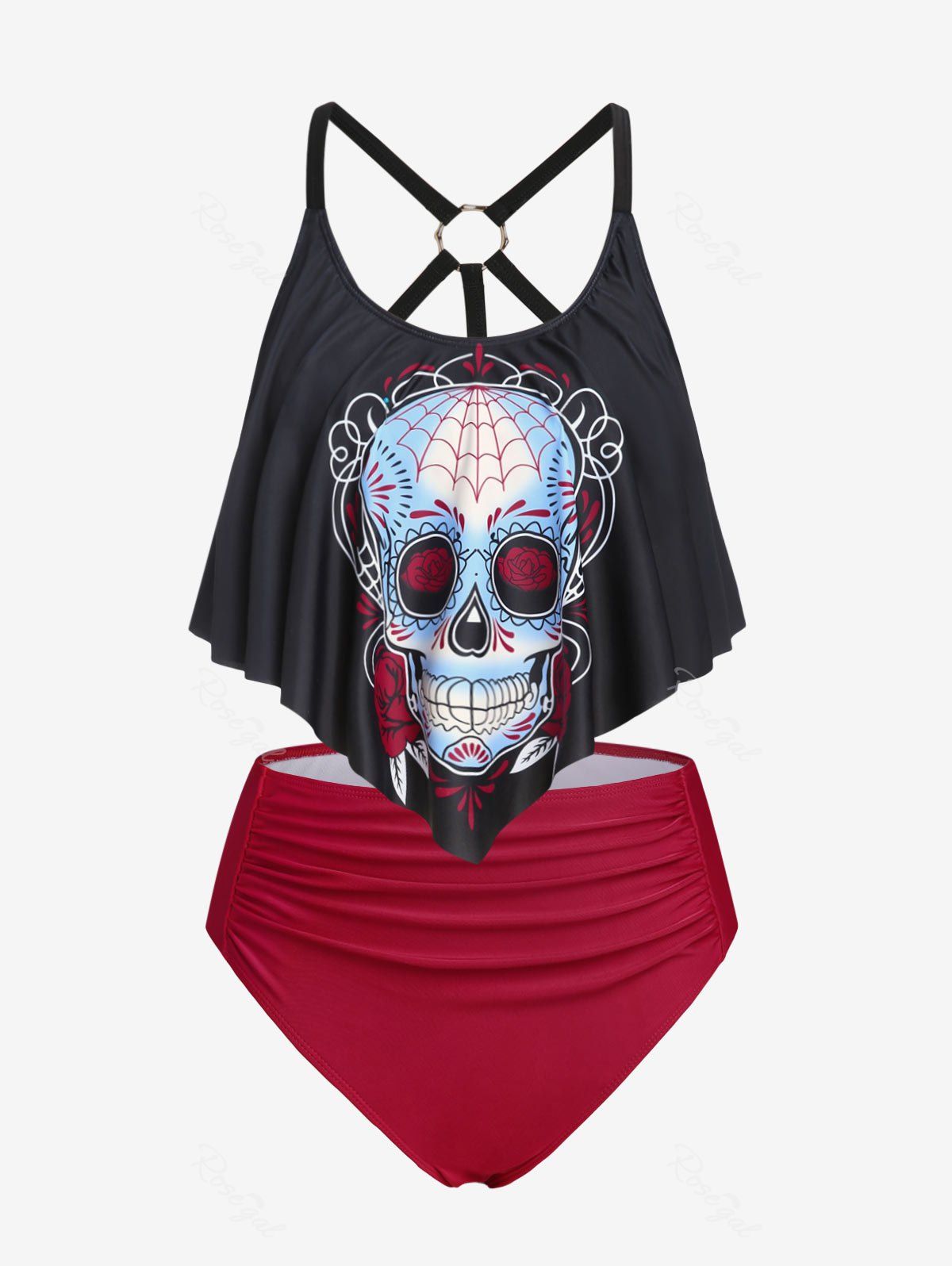 Trendy Plus Size Gothic Skull Strappy Ruched Overlay Padded Tankini Swimsuit  