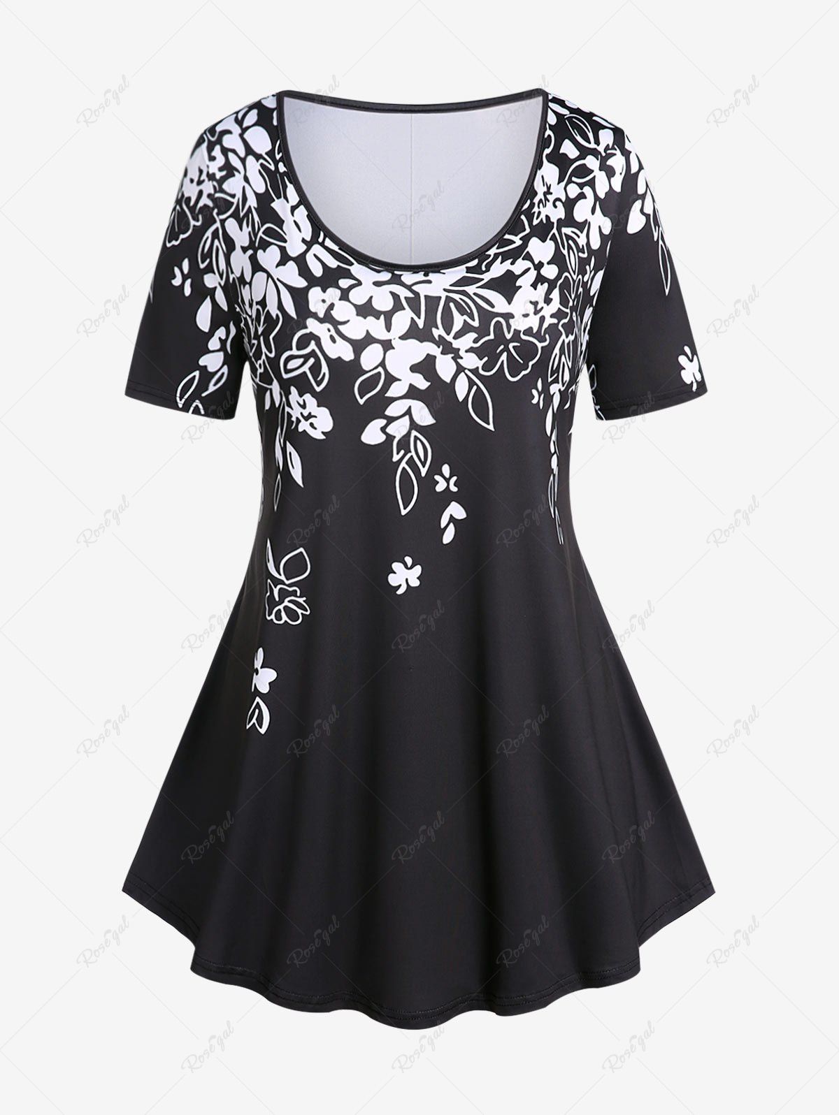 New Plus Size Floral Two Tone Short Sleeves Tee  