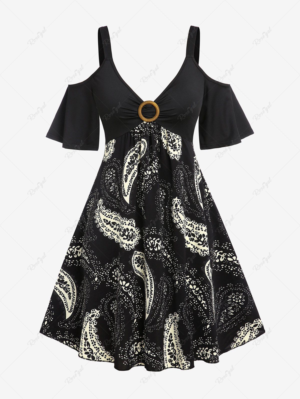 Discount Plus Size Cold Shoulder Paisley Print A Line Dress  