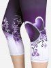Plus Size High Waist Floral Heart Print Capri Skinny Leggings -  