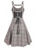 Cut Out Lace Up Pleated A Line Midi Plaid Vintage Dress -  
