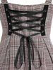 Cut Out Lace Up Pleated A Line Midi Plaid Vintage Dress -  
