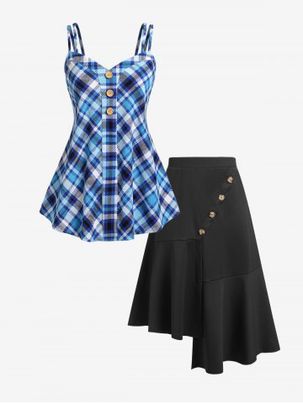 Dual Strap Plaid Tank Top and Uneven Pep Hem Midi Skirt Plus Size Summer Outfit