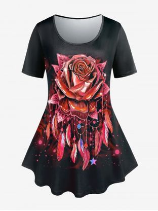 T-shirt Courbe à Imprimé Rose et Attrape-Rêve de Grande Taille