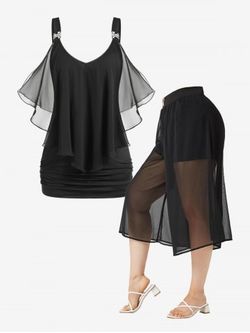 Overlay Mesh Ruffled Cold Shoulder Tee and Capri Pants PLus Size Summer Outfit - BLACK