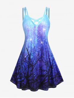 Plus Size 3D Glitter Sparkles Three Print Crisscross Sleeveless A Line Dress - BLUE - L | US 12