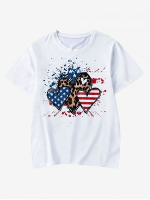 T-shirt à Imprimé Léopard Cœur Patriotique à Manches Courtes pour Enfants