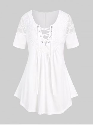 Plus Size Lace Panel Solid Tee with Lace-up