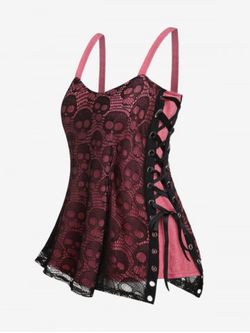 Plus Size Skull Lace Overlay Gothic Tank Top - RED - 4X | US 26-28