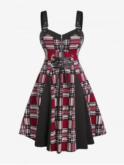 Plus Size Buckled Strap Plaid Lace Up Vintage 1950s Dress - DEEP RED - L | US 12