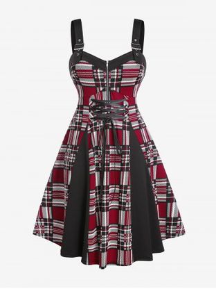 Plus Size Buckled Strap Plaid Lace Up Vintage 1950s Dress