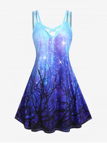 Plus Size 3D Glitter Sparkles Three Print Crisscross Sleeveless A Line Dress - BLUE - 1X | US 14-16