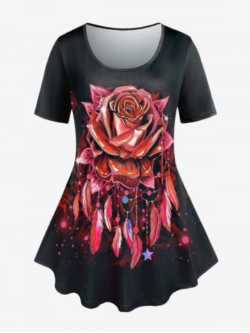 T-shirt Courbe à Imprimé Rose et Attrape-Rêve de Grande Taille - RED - 5X | US 30-32