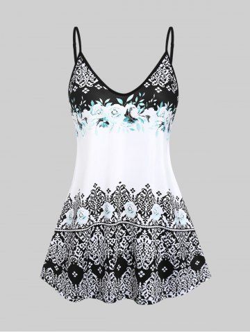 Plus Size Flower Ethnic Printed Colorblock Tank Top - WHITE - 1X | US 14-16