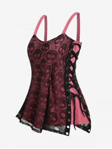 Plus Size Skull Lace Overlay Gothic Tank Top - RED - 4X | US 26-28