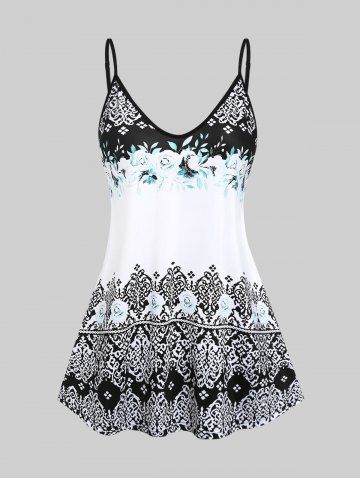 Plus Size Flower Ethnic Printed Colorblock Tank Top - WHITE - 4X | US 26-28