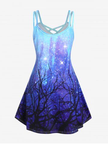 Plus Size 3D Glitter Sparkles Three Print Crisscross Sleeveless A Line Dress