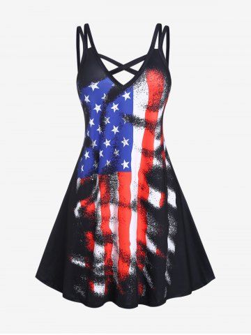 Plus Size Crisscross Patriotic American Flag Print Dress - BLACK - L | US 12