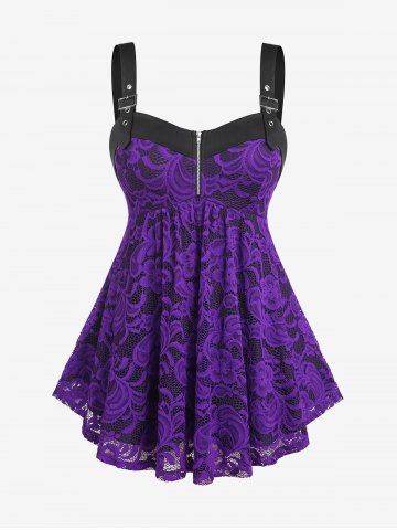 Plus Size Buckle Strap Zippered Empire Waist Lace Tank Top
