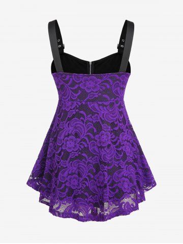 Plus Size Buckle Strap Zippered Empire Waist Lace Tank Top