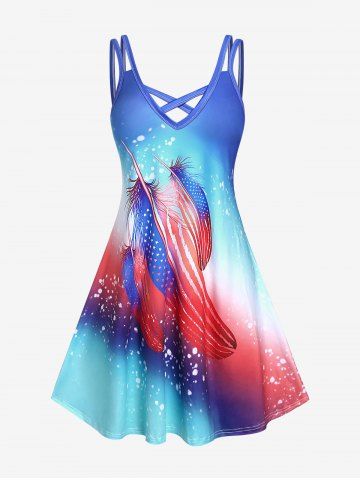 Plus Size Ombre Color Feather Print Crisscross Sundress - BLUE - L | US 12