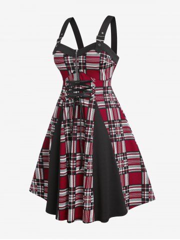 Plus Size Buckled Strap Plaid Lace Up Vintage 1950s Dress