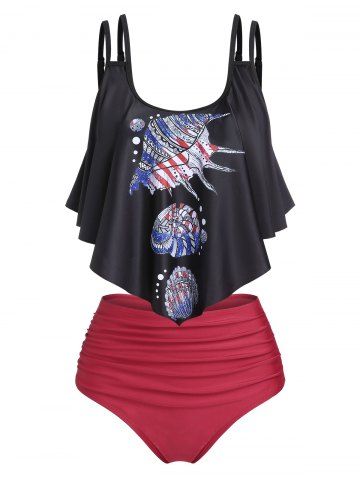 Marine Life Print Swimsuit Patriotic Tummy Control Tankini Swimwear - BLACK - M