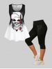 Gothic Skull Lace Panel Tank Top and Studded Leggings Plus Size Summer Outfit -  
