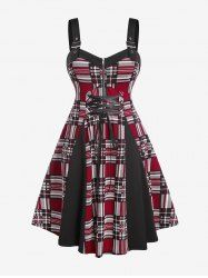 Plus Size Buckled Strap Plaid Lace Up Vintage 1950s Dress -  