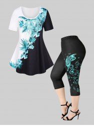 Floral Print Colorblock Tee and High Waist Butterfly Print Gym Capri Leggings Plus Size Summer Outfit -  