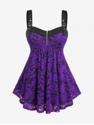 Plus Size Buckle Strap Zippered Empire Waist Lace Tank Top -  