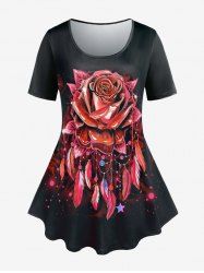 T-shirt Courbe à Imprimé Rose et Attrape-Rêve de Grande Taille - Rouge 4X | US 26-28
