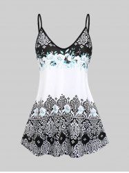 Plus Size Flower Ethnic Printed Colorblock Tank Top -  