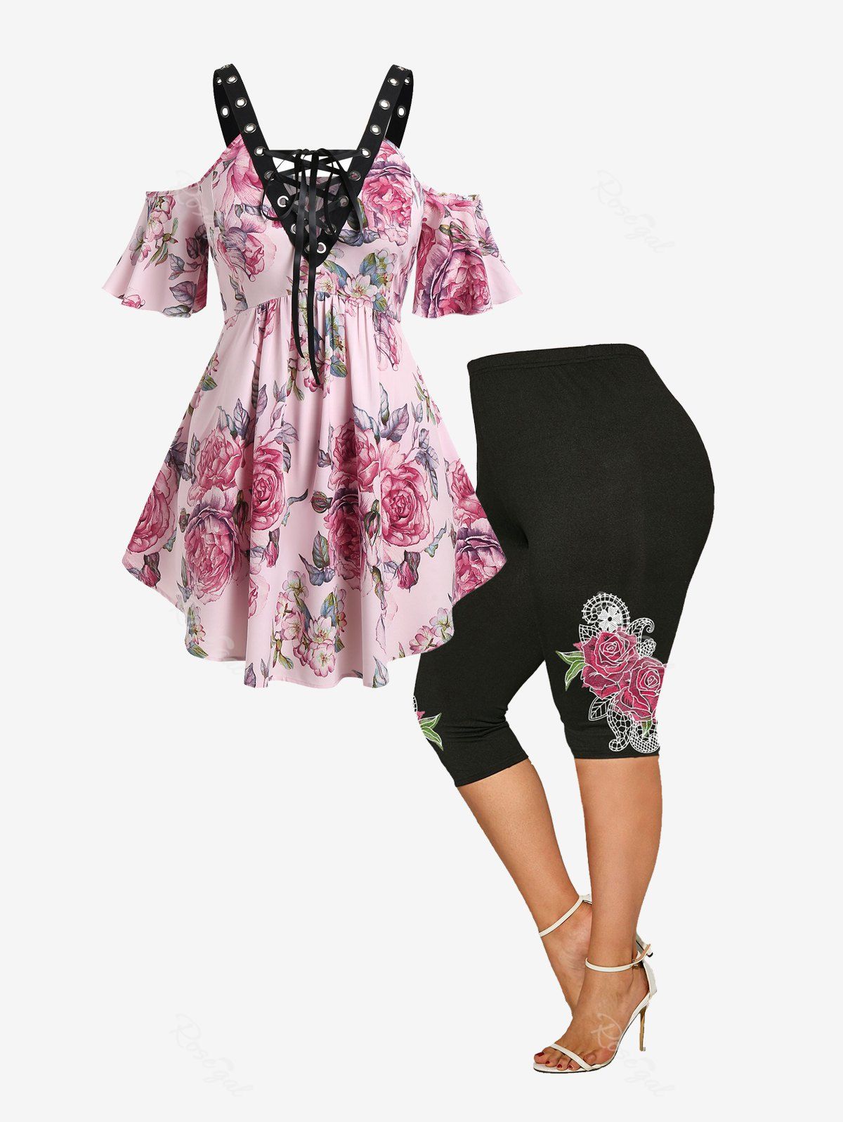 Discount Flower Grommet Lace Up Cold Shoulder Blouse and Rose Print High Waist Capri Leggings Plus Size Summer Outfit  