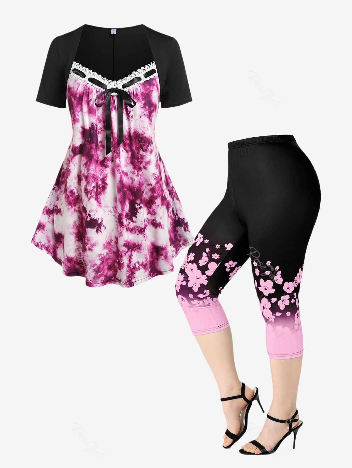 Chic Lace Up Tie Dye Colorblock Tunic Top and Floral Print High Waist Capri Leggings Plus Size Summer Outfit  
