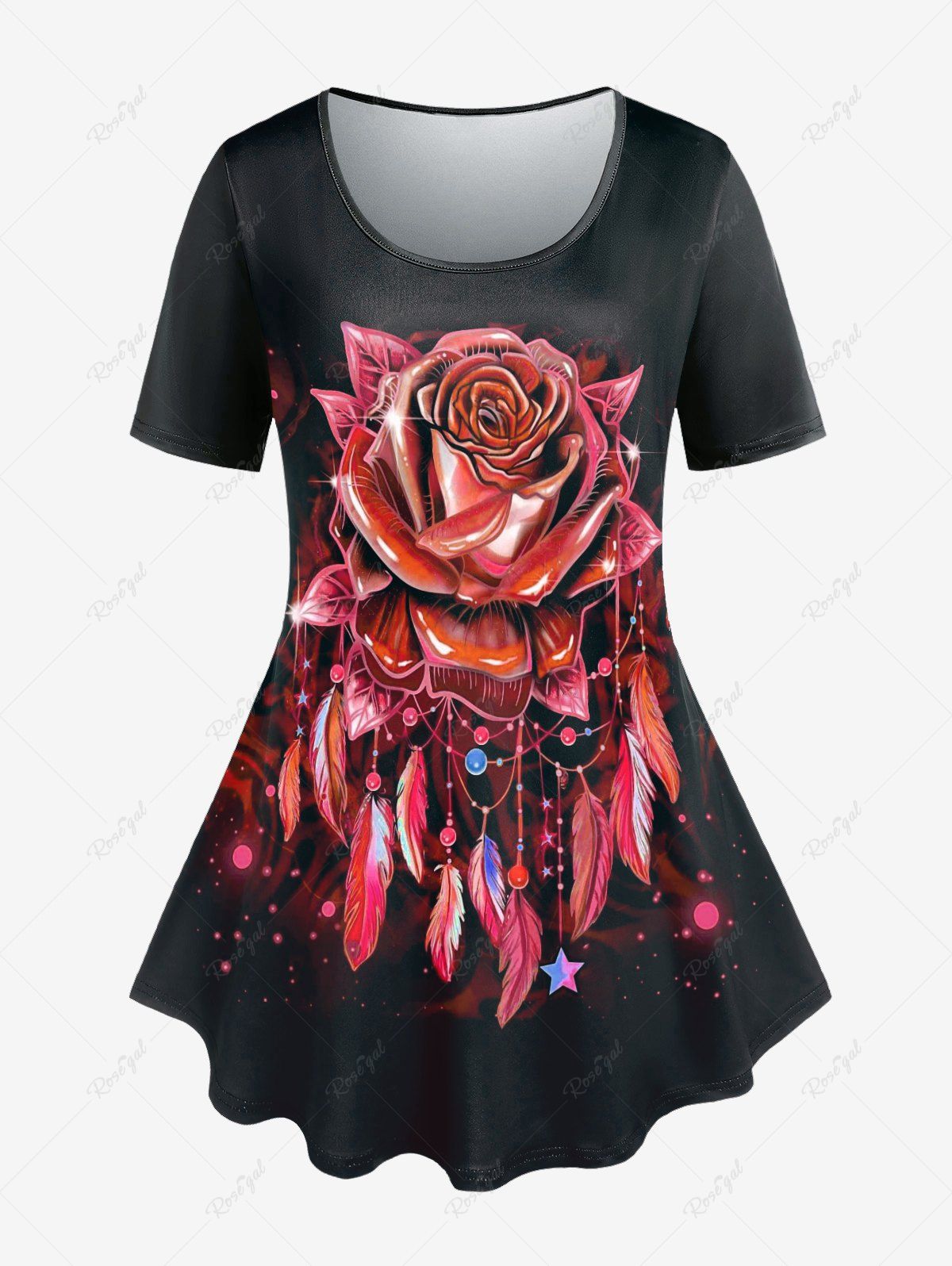 T-shirt Courbe à Imprimé Rose et Attrape-Rêve de Grande Taille Rouge 4x | US 26-28