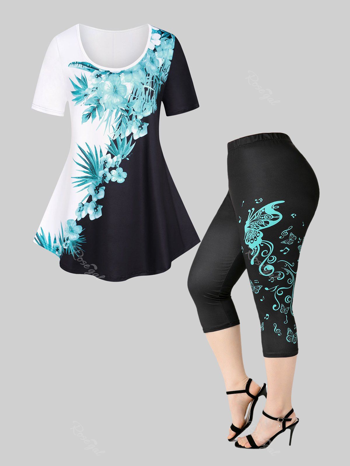 New Floral Print Colorblock Tee and High Waist Butterfly Print Gym Capri Leggings Plus Size Summer Outfit  