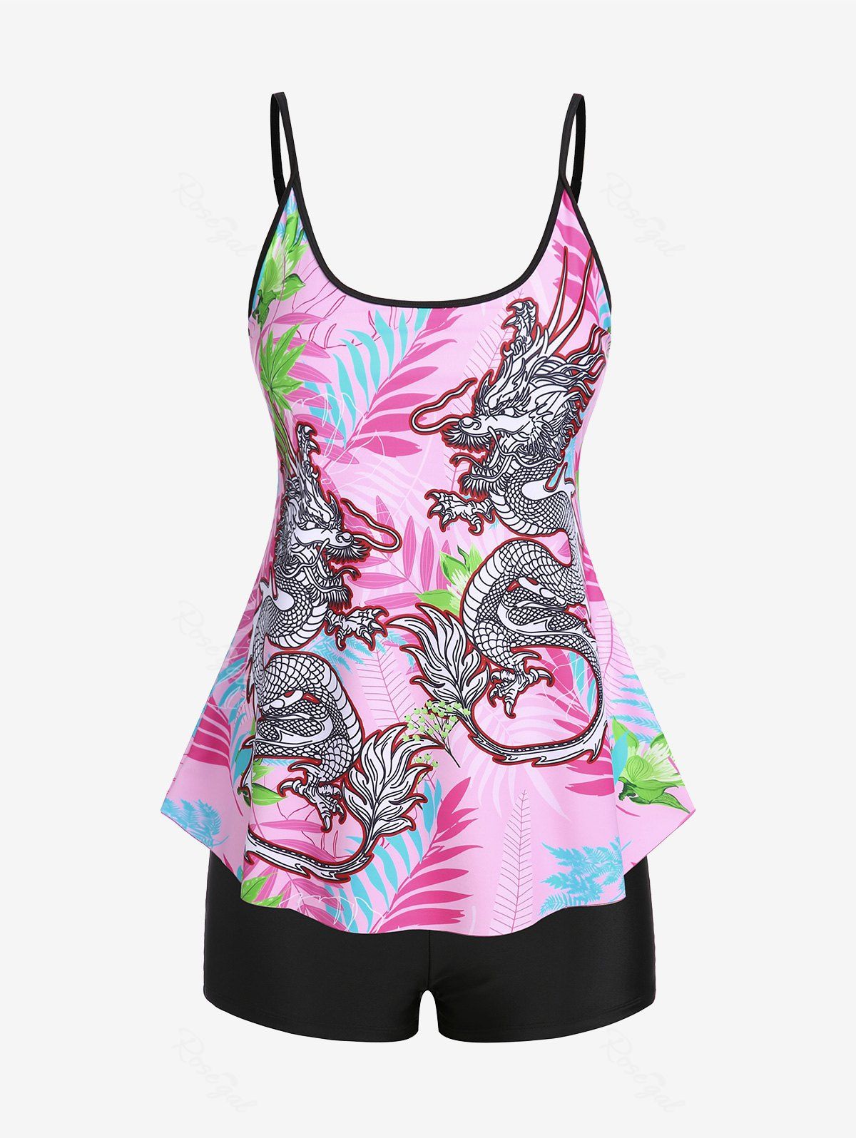 Sale Plus Size Oriental Dragon Leaves Print Padded Boyleg Tankini Swimsuit  