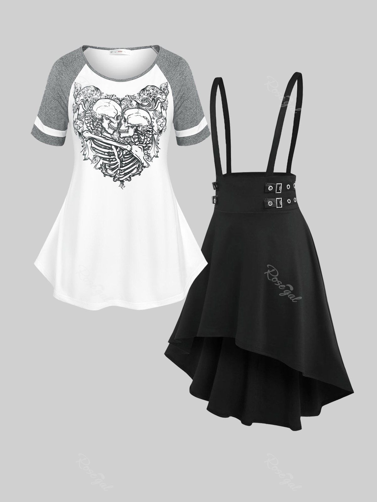 Hot Gothic Skeleton Raglan Sleeve Tee and Asymmetric Suspender Skirt Plus Size Outfit  