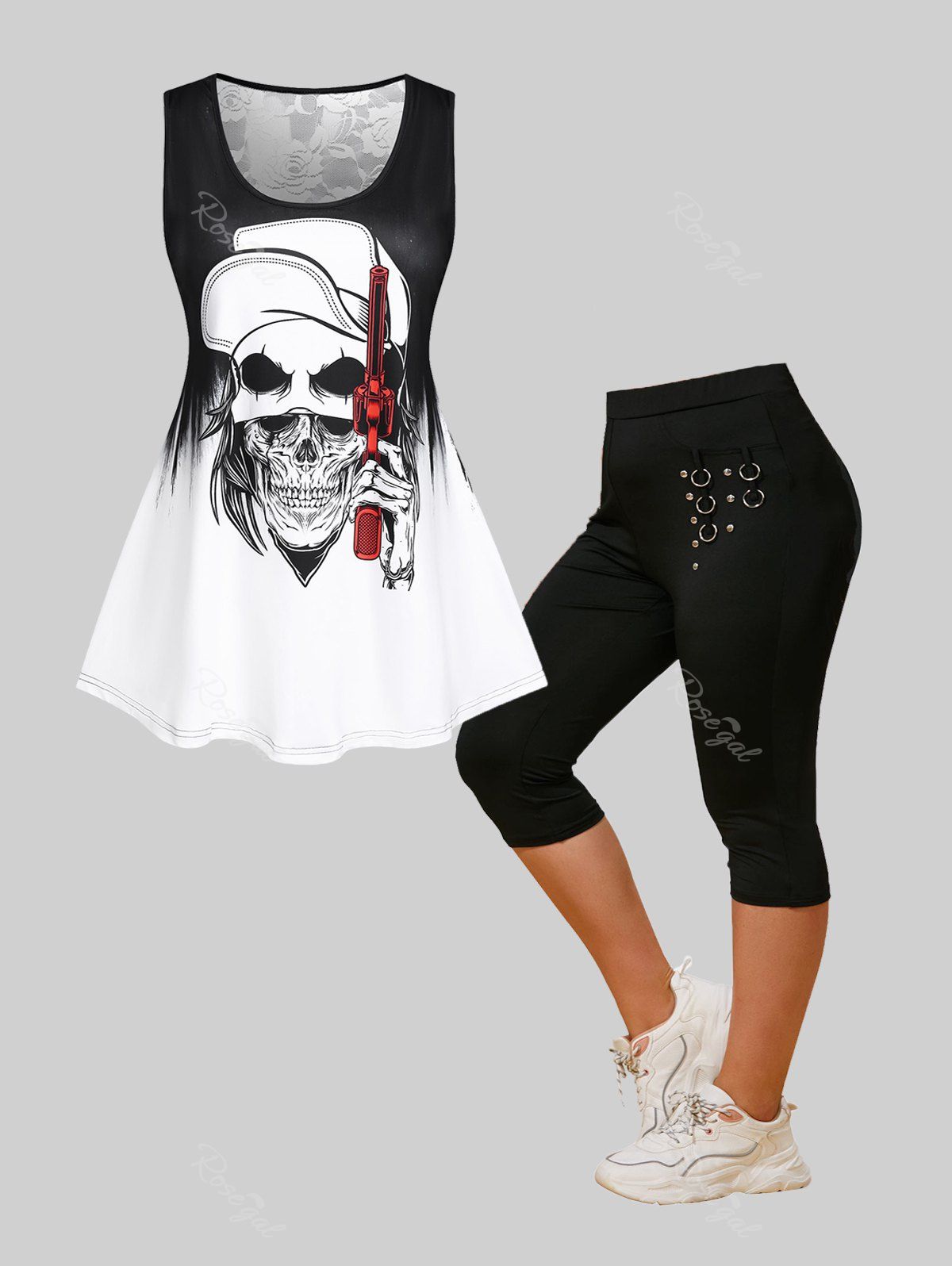 Sale Gothic Skull Lace Panel Tank Top and Studded Leggings Plus Size Summer Outfit  