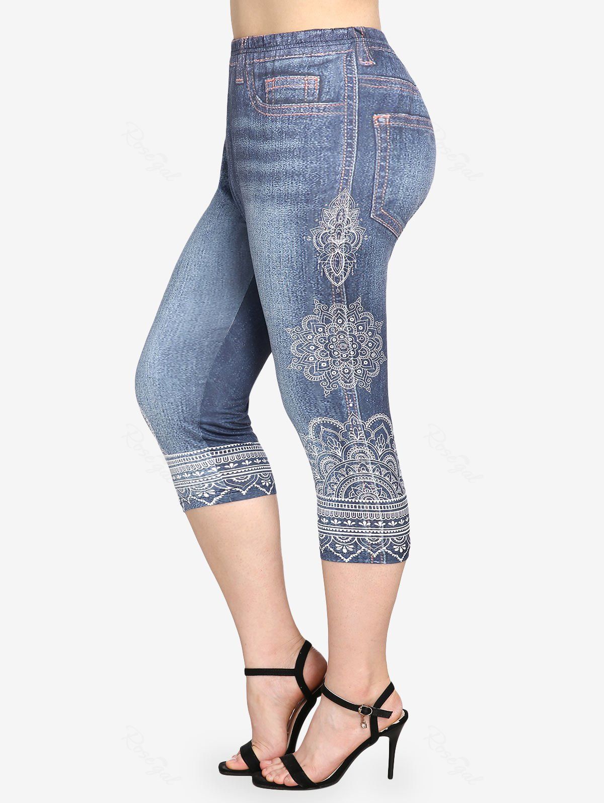 Legging Corsaire Moulant à Imprimé 3D Jean à Coupe Haute de Grande Taille Bleu clair 