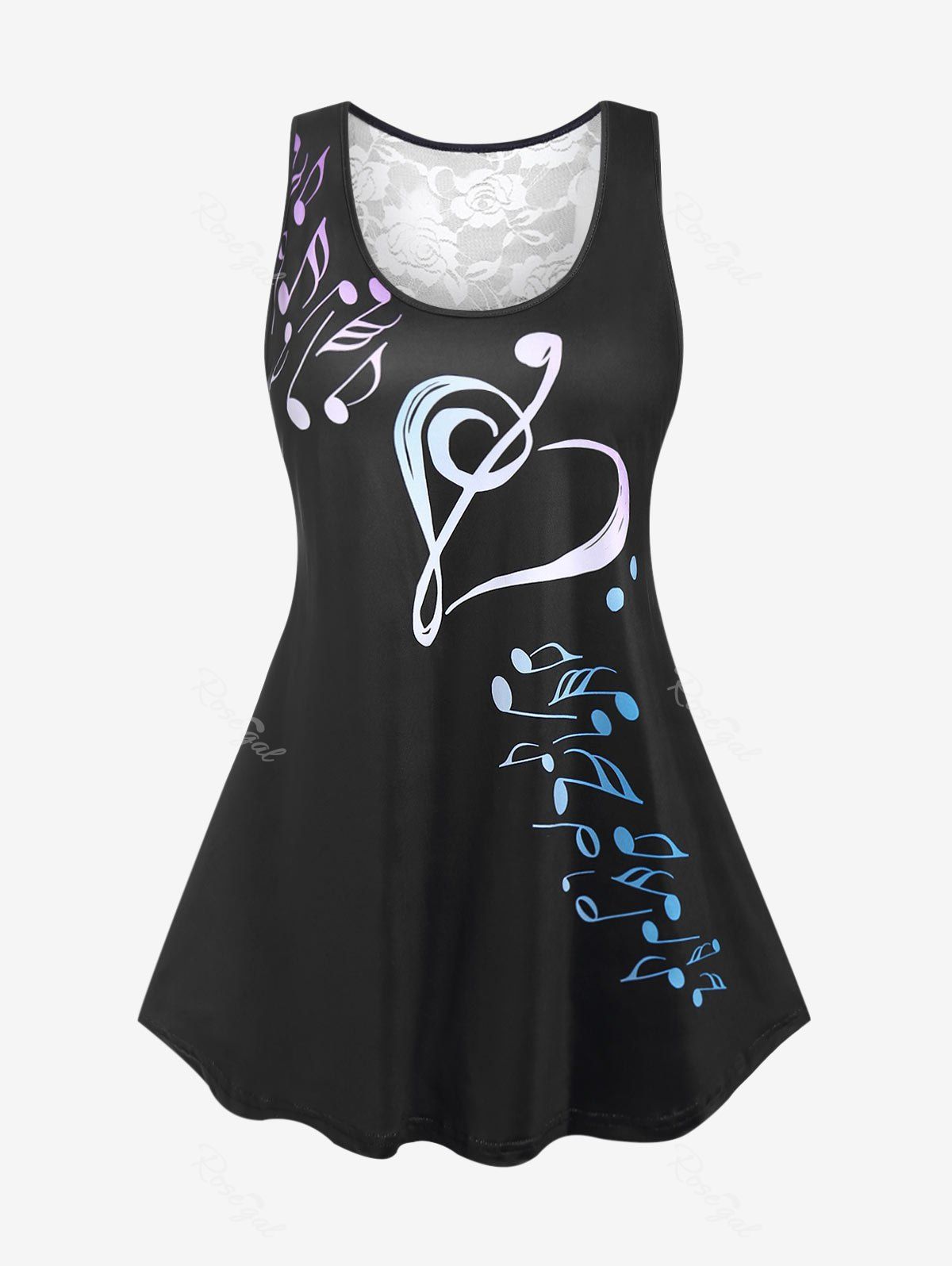 Trendy Plus Size Musical Note Print Lace Panel Two Tone Tank Top  