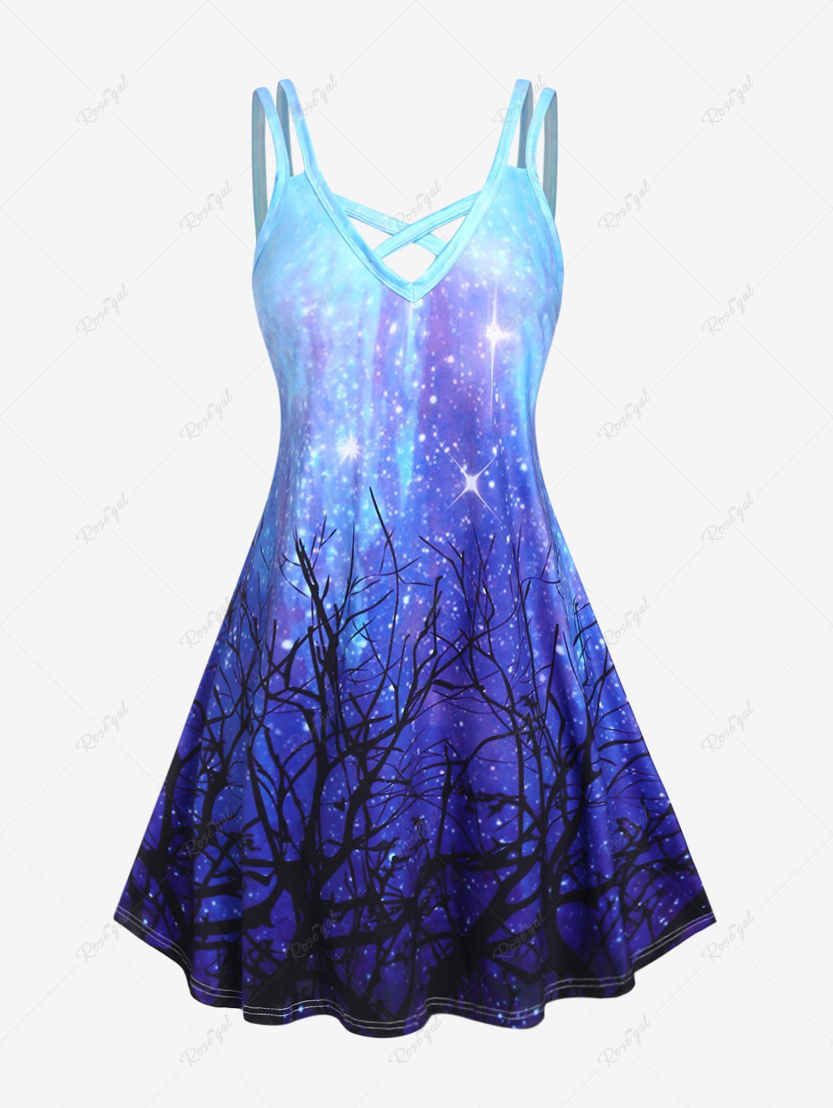 Outfits Plus Size 3D Glitter Sparkles Three Print Crisscross Sleeveless A Line Dress  