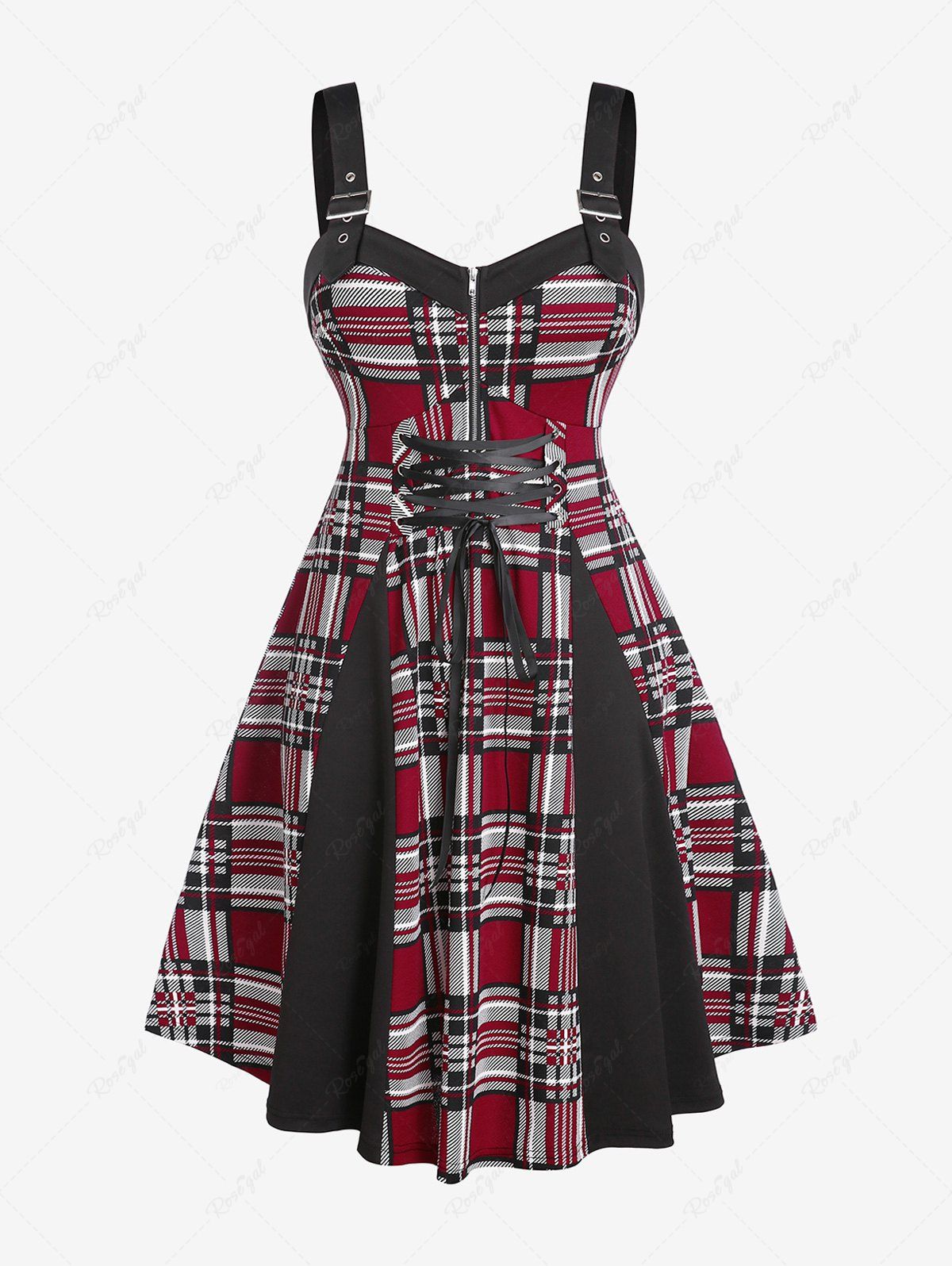 Online Plus Size Buckled Strap Plaid Lace Up Vintage 1950s Dress  