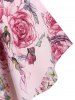 Flower Grommet Lace Up Cold Shoulder Blouse and Rose Print High Waist Capri Leggings Plus Size Summer Outfit -  