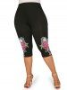 Flower Grommet Lace Up Cold Shoulder Blouse and Rose Print High Waist Capri Leggings Plus Size Summer Outfit -  
