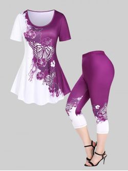 Colorblock Butterfly Print Tee and Capri Leggings Plus Size Summer Outfit - PURPLE