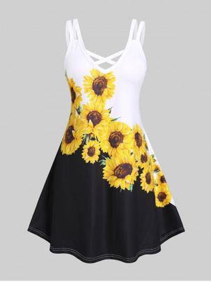 Plus Size Sunflower Print Two Tone Crisscross Sleeveless Dress