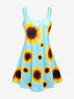 Plus Size Sunflower Print Crisscross Sundress - LIGHT BLUE - 4X | US 26-28